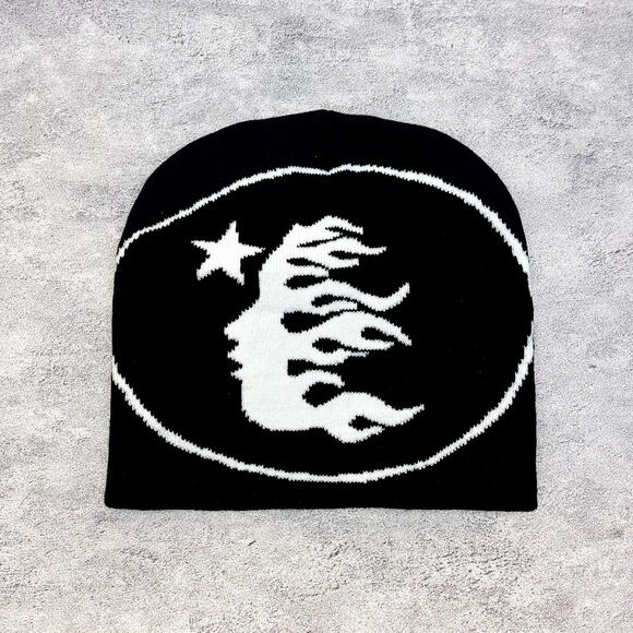 grunge gothic punk star face cozy black and white beanie - Picture 1 of 6